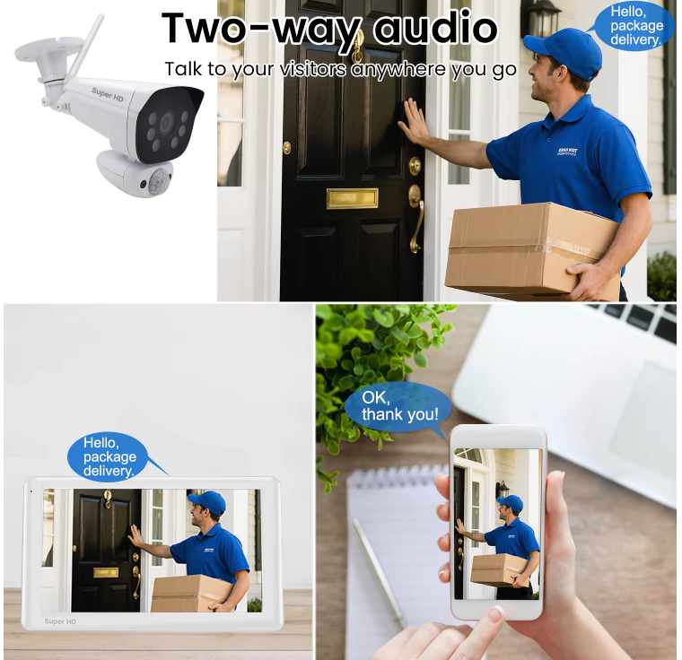 Home Security Camera System 3MP Cameras 10" Touchscreen Monitor Two-Way Audio Local Recording SD Card HDD Night Vision